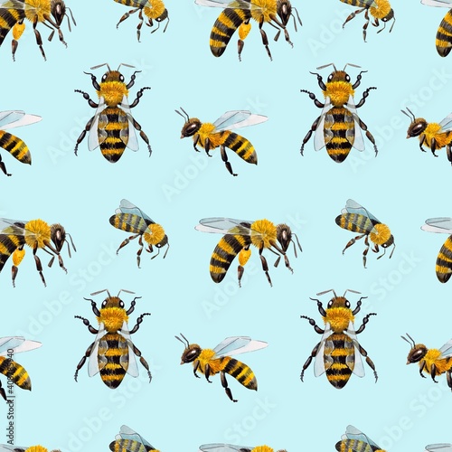 Watercolor pattern with bees and wasps. suitable for printing on fabrics and packaging paper. Bright and juicy.