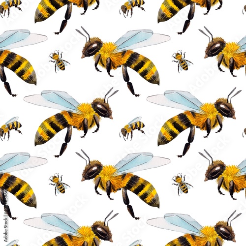 Watercolor pattern with bees and wasps. suitable for printing on fabrics and packaging paper. Bright and juicy.