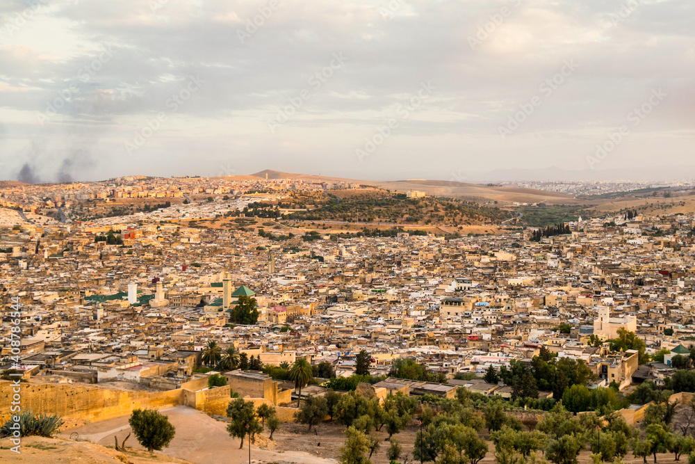 Overview of Fez from the Marinid Tombs with smoke rising, Morocco.