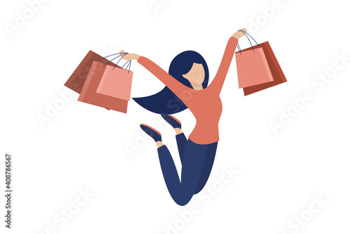 Woman with a New Years gift. Happy woman with Shopping bags. Concept. Flat Vector Illustration