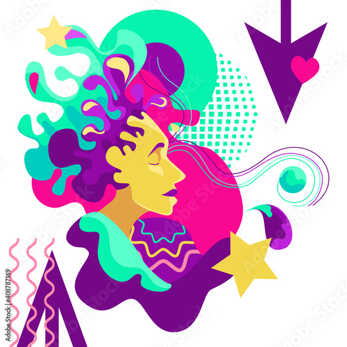 modern trend of abstract psychedelics. The image of the face of a bright girl against the background of different figures and doodle. Perfect for prints  T-shirts  corporate identity  packaging 