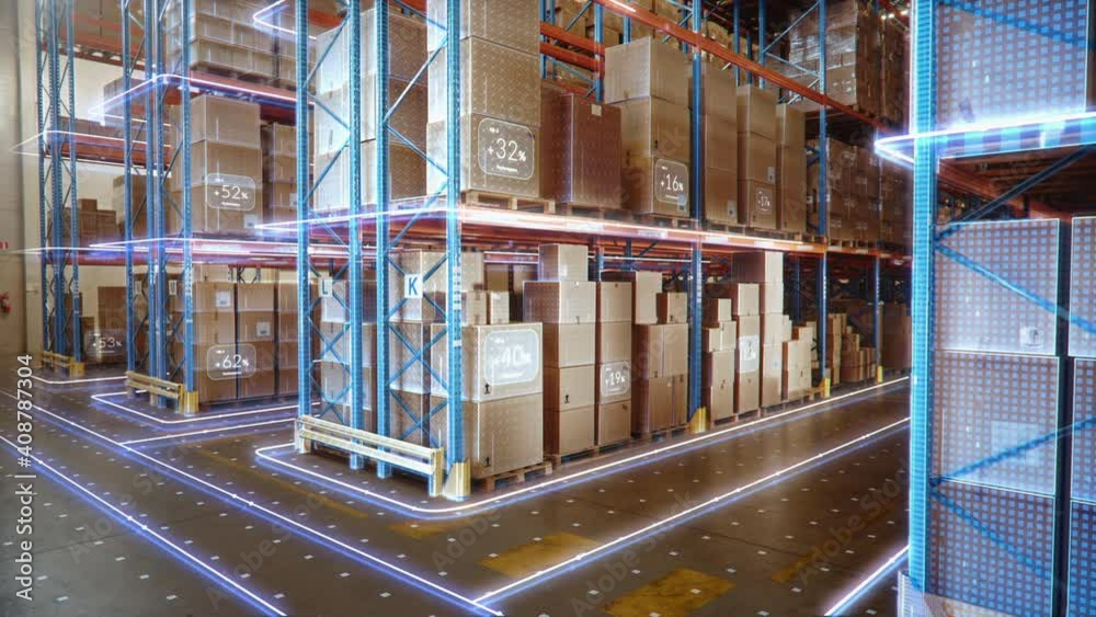 Futuristic Technology Retail Warehouse: Digitalization and Visualization of Industry 4.0 Process that Analyzes Goods, Cardboard Boxes, Products Delivery Infographics in Logistics, Distribution Center