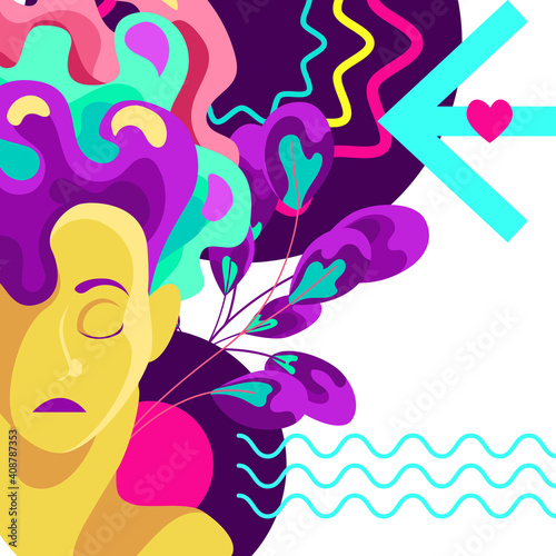 modern trend of abstract psychedelics. The image of the face of a bright girl against the background of different figures and doodle. Perfect for prints  T-shirts  corporate identity  packaging 