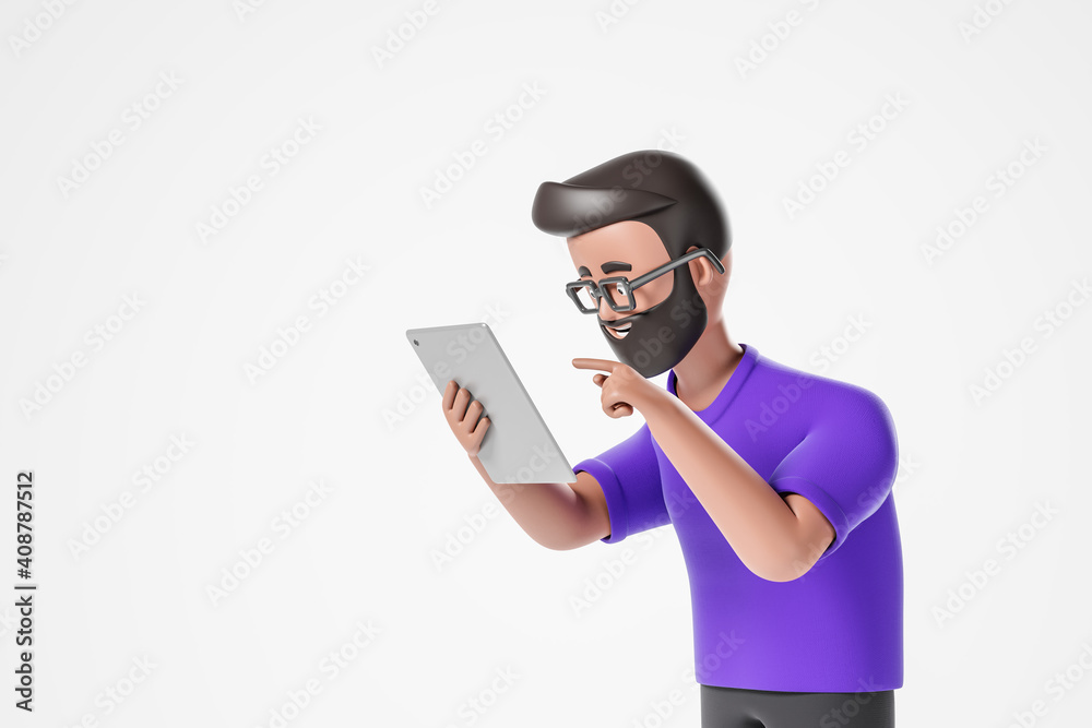 Cartoon happy handsome character beard man in purple tshirt  looking at digital tablet over white background.