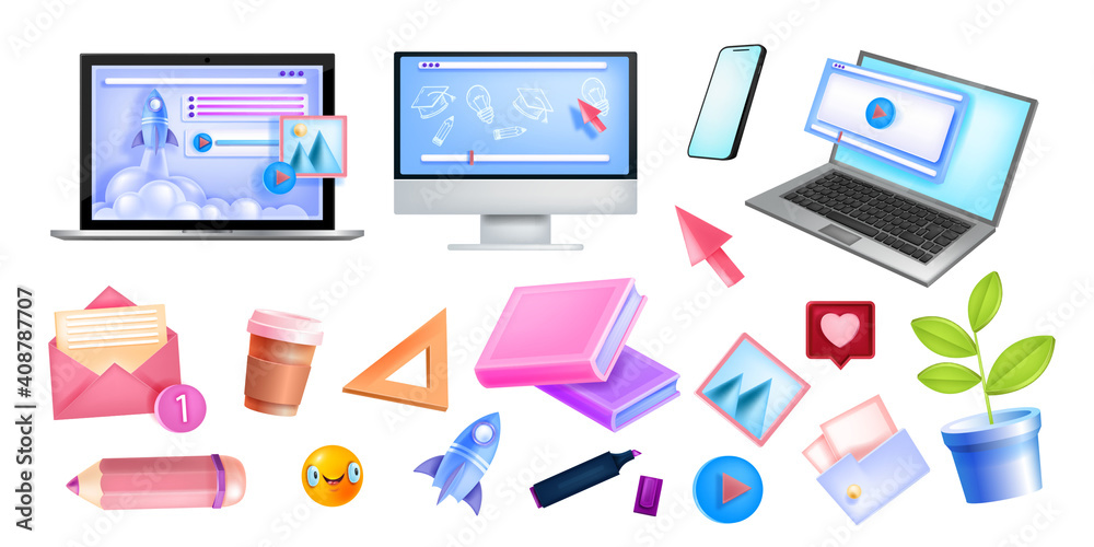 Online education, freelance, school vector home office set with laptops ...