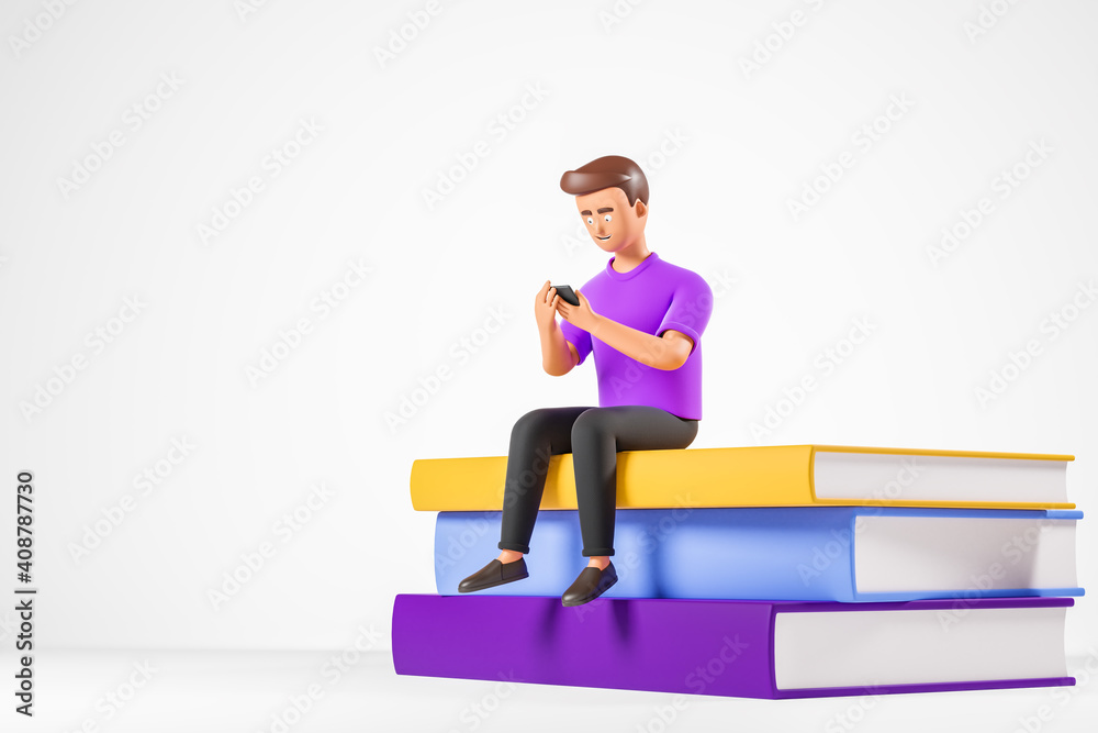 Cartoon character man in purple tshirt seat at books and use smartphone. Online education concept. Cartoon character man in purple tshirt seat at books and use smartphone. Online education concept.