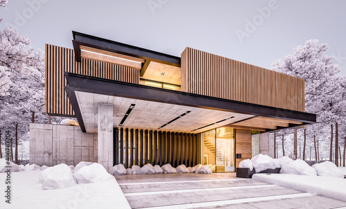 3d rendering of modern cozy house with parking and pool for sale or rent with wood plank facade and beautiful landscaping on background. Cool evening winter with cozy light from windows
