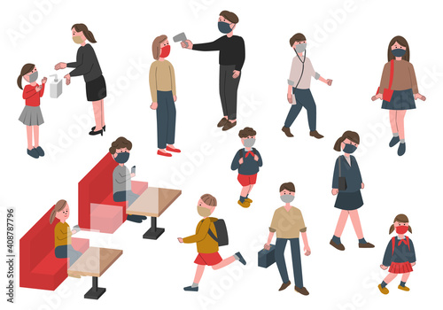 感染症対策をしている人々のイラストセット