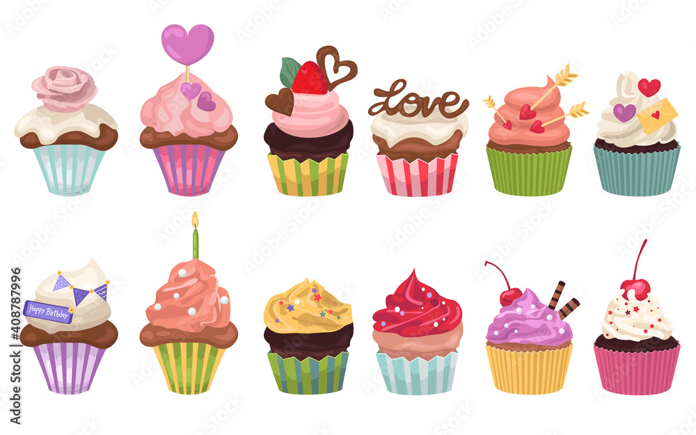 Set of sweets cupcakes and muffins with cream Set of sweets cupcakes and muffins with cream