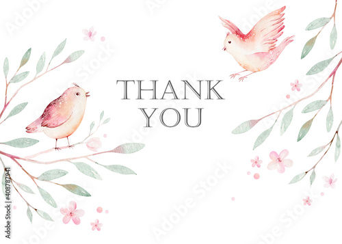 Fototapeta Naklejka Na Ścianę i Meble -  Spring bird on blooming branch with green leaves and flowers. Watercolor wedding invitation card blossom painting. Hand drawn pink wreath design. Cherry isolated branch decoration.