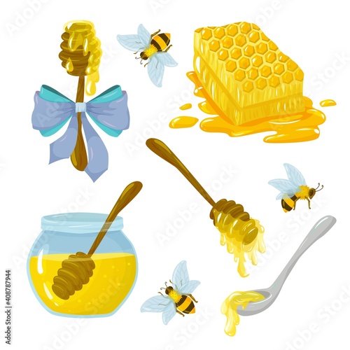 set of jars with honey and bees around. natural bee honey drawn in cartoon style vector illustration isolated on white background