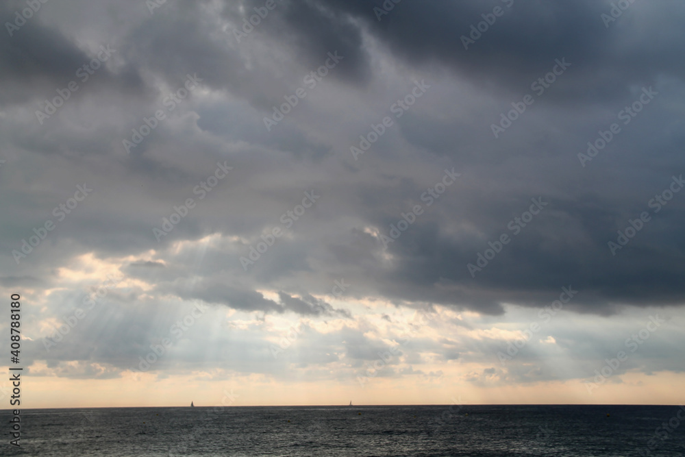 Storm weather on the sea. Dramatic view. grey clouds over the sea.