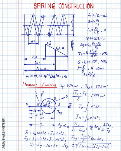 Retro vector background with physics formulas and equations on notebook page. School  notation. Educational and scientific vintage background.