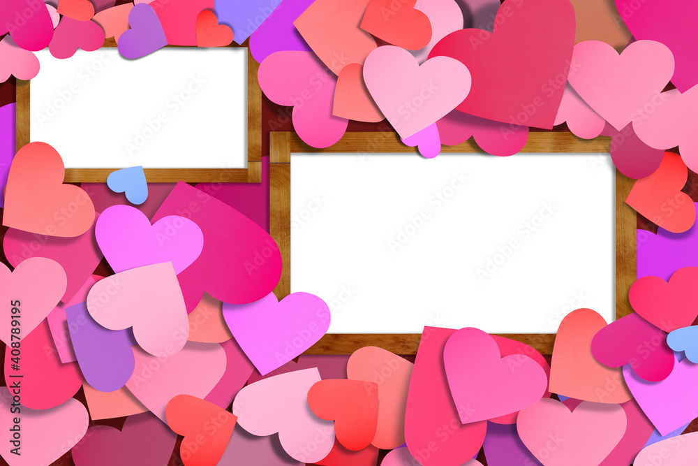 Valentine's day and Love concept,Wooden frame mock-up on paper heart background,Paper cutting technique . Valentine's day and Love concept,Wooden frame mock-up on paper heart background,Paper cutting technique .