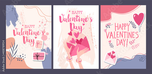 Set of Valentines Day card temlate with hands holding paper letter with hearts
