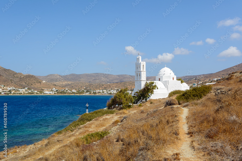 The church of Agia Irini (Saint Irene) near the port of Ios. The church was built in the 17th century in typical Cyclades architectural style.Greece