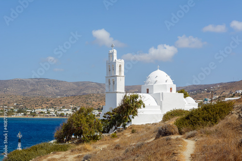 The church of Agia Irini (Saint Irene) near the port of Ios. The church was built in the 17th century in typical Cyclades architectural style.Greece