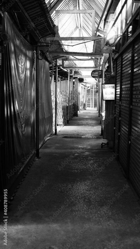 January-26-2020 : Bangkok, Thailand : All stores in Ko Kret (famous place in Bangkok) are closed and no even one tourist during Covid 19, black and white image January-26-2020 : Bangkok, Thailand : All stores in Ko Kret (famous place in Bangkok) are closed and no even one tourist during Covid 19, black and white image