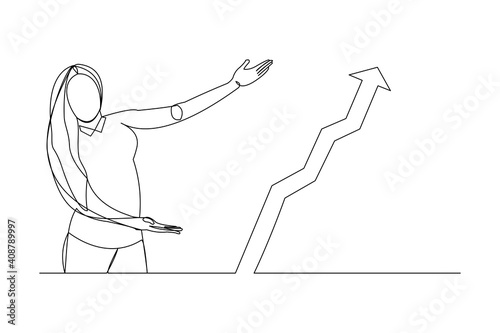 Continuous line drawing of standing business woman show growing graphic diagram. Single one line art of business increase success progress. Vector illustration