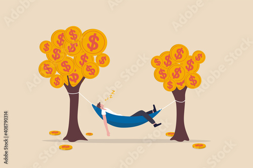 Passive income, earning with no effort by make profit or dividend from investment and achieve financial freedom concept, happy rich businessman sleeping in hammock tied on money tree with dollar coins