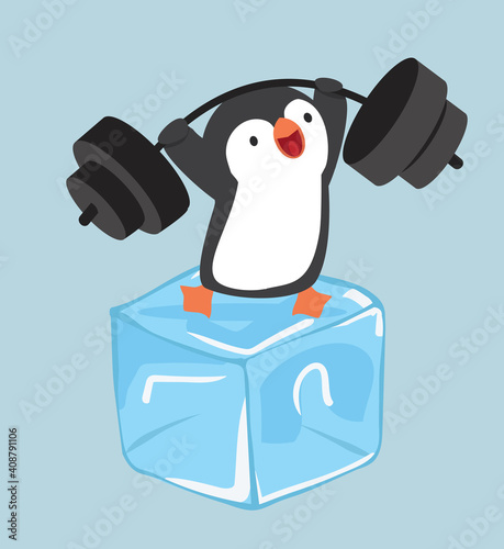 penguin Cartoon Lifting Weights vector
