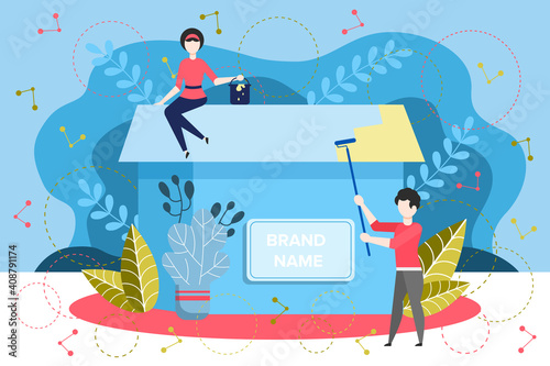 Brand Name Creation. Rebranding. Team Workflow Process. Team Building New Brand. People Working To Improve Marketing And Business. Web Page Showing Teamwork On A Personal Brand. 