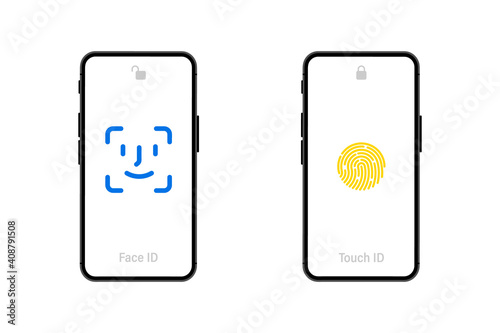 Hand holding smart phone with blank screen on white background. Mobile Phone. Black smartphones with blank screen. Flat style. Set Application Template illustration of a smartphone with white screen
