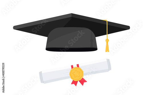 Black Graduation Cap with Degree. Black hat of university graduate, Design Elements . Graduation cap and diploma. Element for degree ceremony and educational programs. Graduation university or college photo
