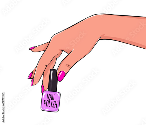 Vector Beautiful female hands holds nail polish bottle. Handwritten lettering about nails and manicure. Inspiration quote for beauty salon