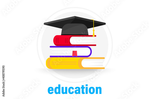Graduation cap on books. Mortarboard cap on piles of textbooks. Stack of books with graduation cap. Concept of higher education or Study. School, college, university, education, schooling icon