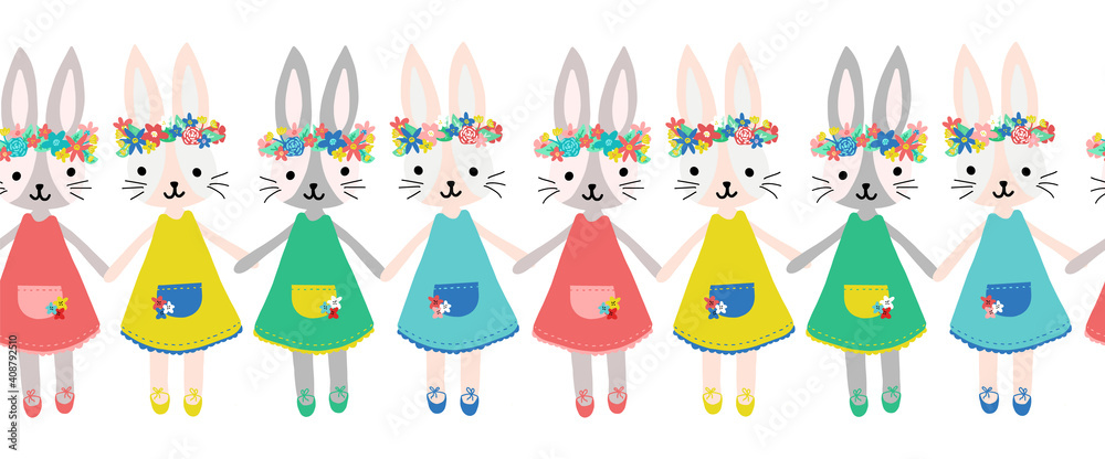 Cute bunnies seamless vector border. Repeating pattern Happy Easter wishes rabbit girls with flower crowns holding hands. Use for holiday cards, banners, ribbons, fabric trim, kids wear.
