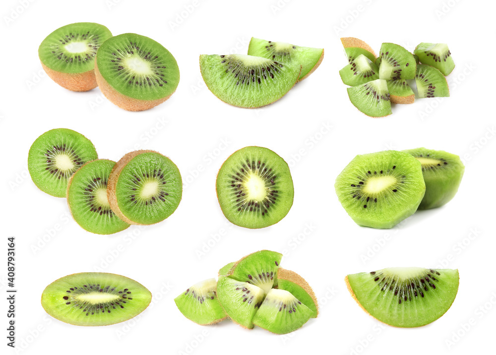 Fototapeta premium Set with ripe kiwi fruits on white background