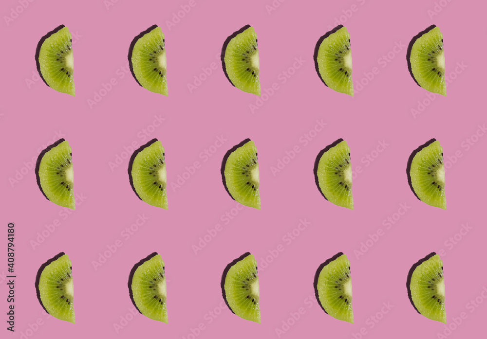 Kiwis isolated on pink background. Half of kiwi. Kiwi pattern. Kiwis isolated on pink background. Half of kiwi. Kiwi pattern.