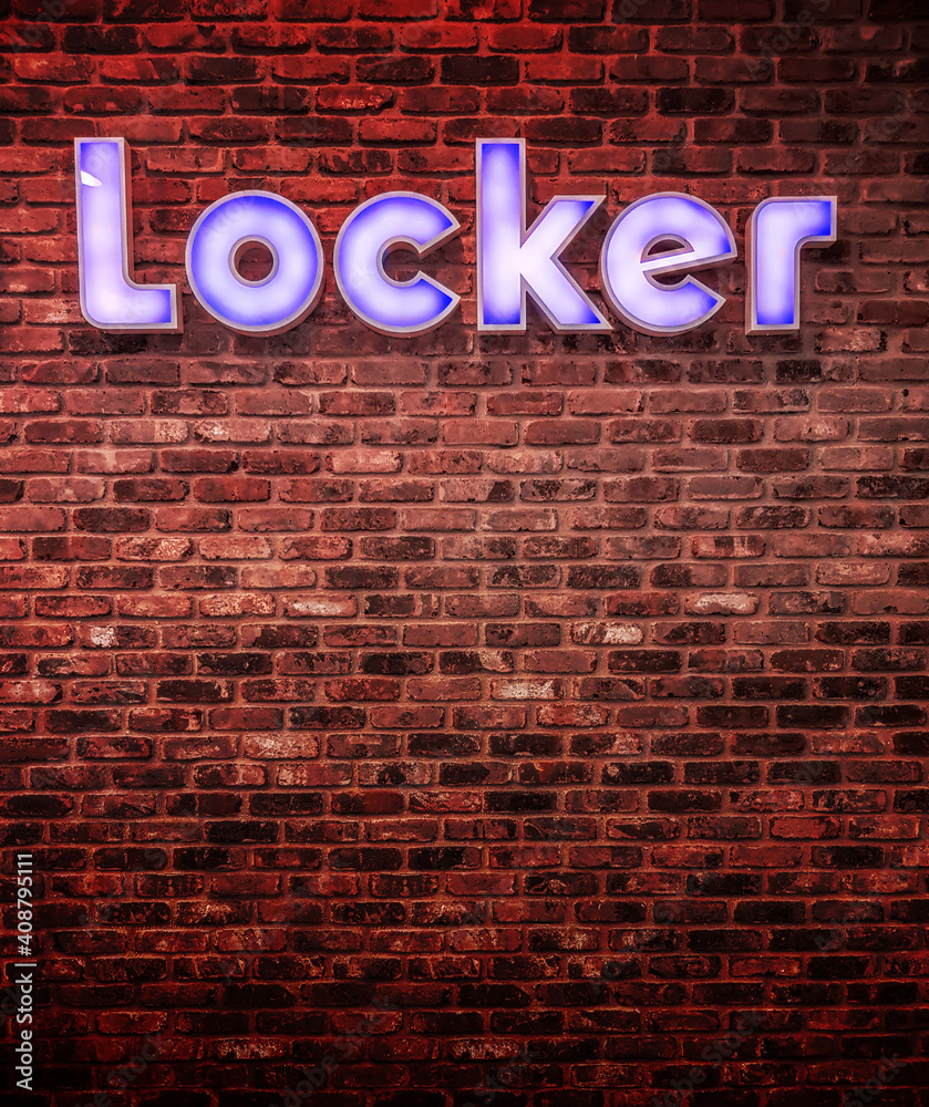 Locker. Neon letters on the blank brick wall. Lockdown Locker. Neon letters on the blank brick wall. Lockdown