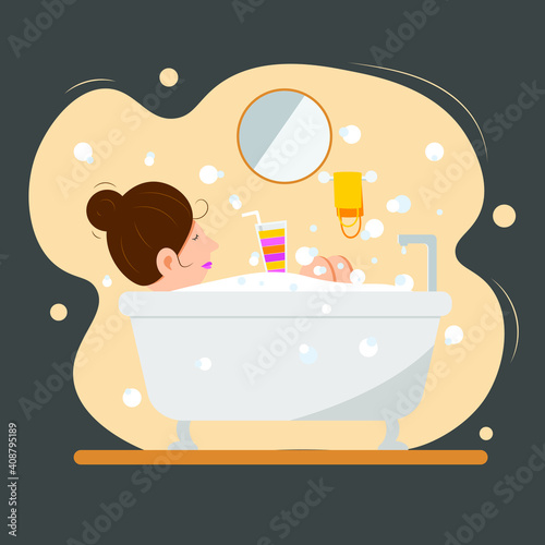 Vector image in Flat style of a girl taking a bath.