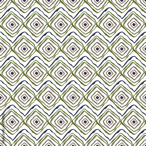 Vector Diamond Outlines in Blue Green Brown with ZigZags on White Background Seamless Repeat Pattern. Background for textiles, cards, manufacturing, wallpapers, print, gift wrap and scrapbooking.