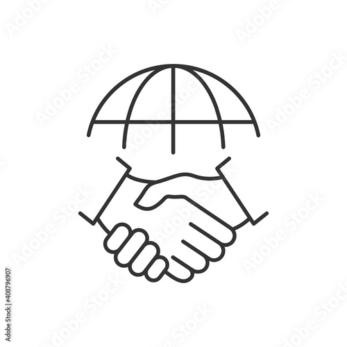 Handshake and globe line icon. International agreement concept. World partnership linear symbol. Vector isolated on white.
