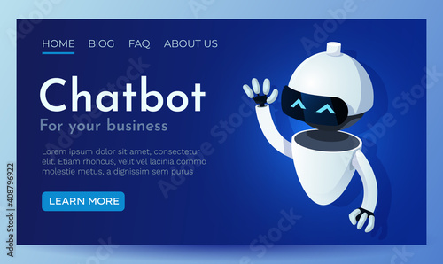 Website landing home page with robot. Chatbot or AI concept. Modern android. Chat bot banner template. Web banner design.