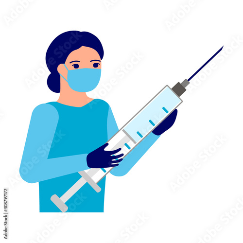 Woman doctor hold syringe vaccine for prevention, immunization and treatment against viral infection, coronavirus. Medical injection and flu shot. Vaccination of people for safe health. Vector