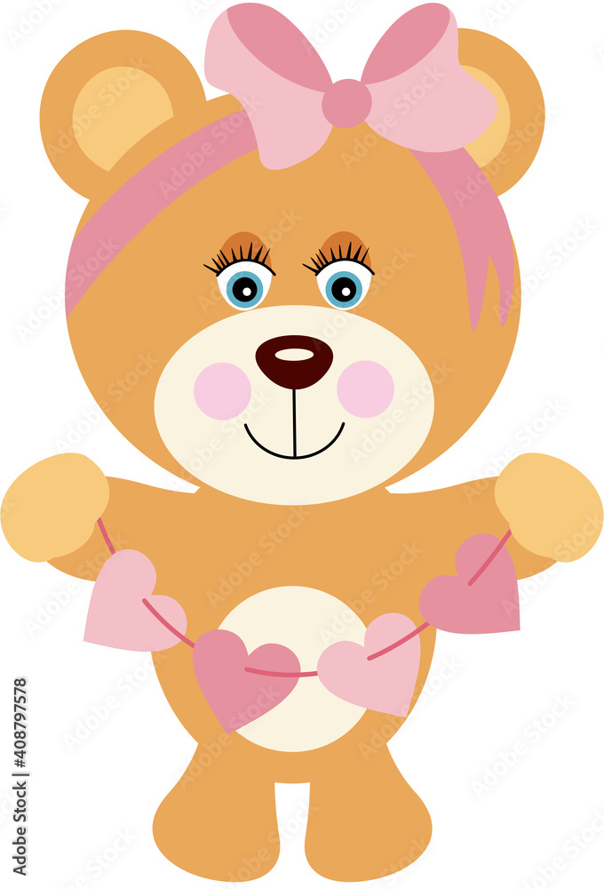 Obraz premium Baby girl teddy bear with string pink hearts 