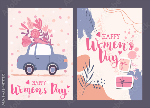 Set of greeting cards for International Women's Day with big bouquet on the c...