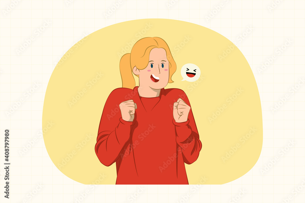Smiling joyful young woman clenching fists gesture concept Smiling joyful young woman clenching fists gesture concept