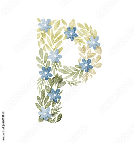 Letter P floral letter with blue flowers and green leaves. Lovely ABC for nursery room or education.Personalized floral monogram. Botanical illustration. © Helga
