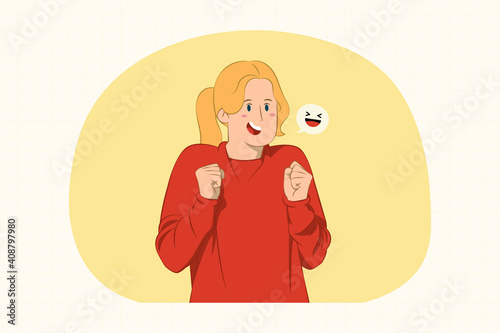 Smiling joyful young woman clenching fists gesture concept