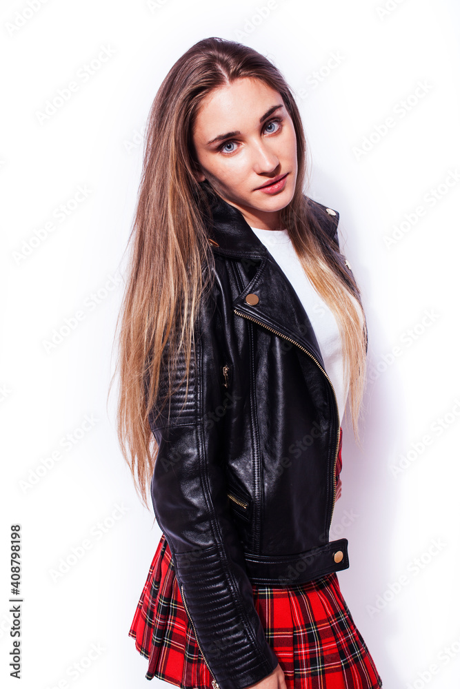 young pretty stylish hipster girl in leather jacket and school shirt posing emotional isolated on white background happy smiling cool smile, lifestyle people concept young pretty stylish hipster girl in leather jacket and school shirt posing emotional isolated on white background happy smiling cool smile, lifestyle people concept