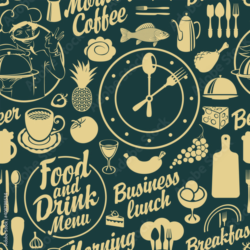 Seamless pattern on the food and drink theme with various meals, drinks and inscriptions on a dark backdrop. Decorative vector background in cartoon style. Great for wallpaper, wrapping paper, fabric