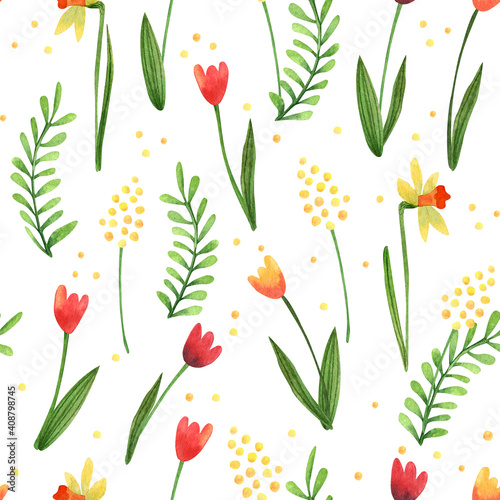 Watercolor seamless pattern with spring flowers. Narcissus, mimosa and tulip flowers on white background. Beautiful textile print. Great for fabrics, wrapping papers, wallpapers, covers, linens.