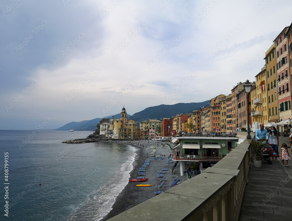 Buildings overlooking the sea in Liguria in the romantic village of Camogli