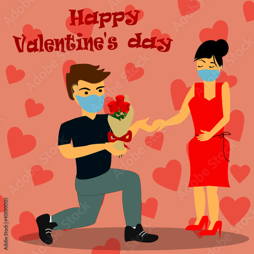 Young man proposing his Girlfriend with wearing medical face mask, celebrating valentine's day.