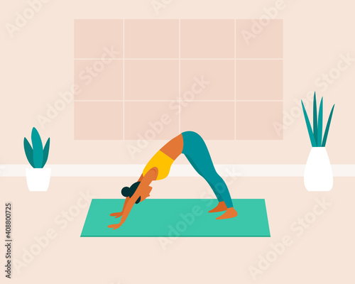 Young female character doing yoga exercises, meditating, stretching on the yoga mat. Woman practicing yoga at home or in yoga studio. Colorful modern vector illustration in cartoon flat style.
